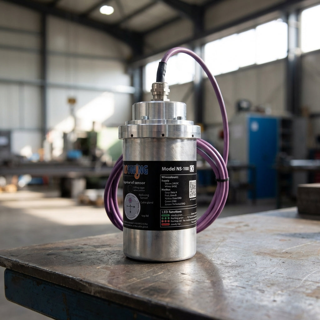Close-up of NS100 anti-sway sensor highlighting two-axis measurement in a professional industrial setting.